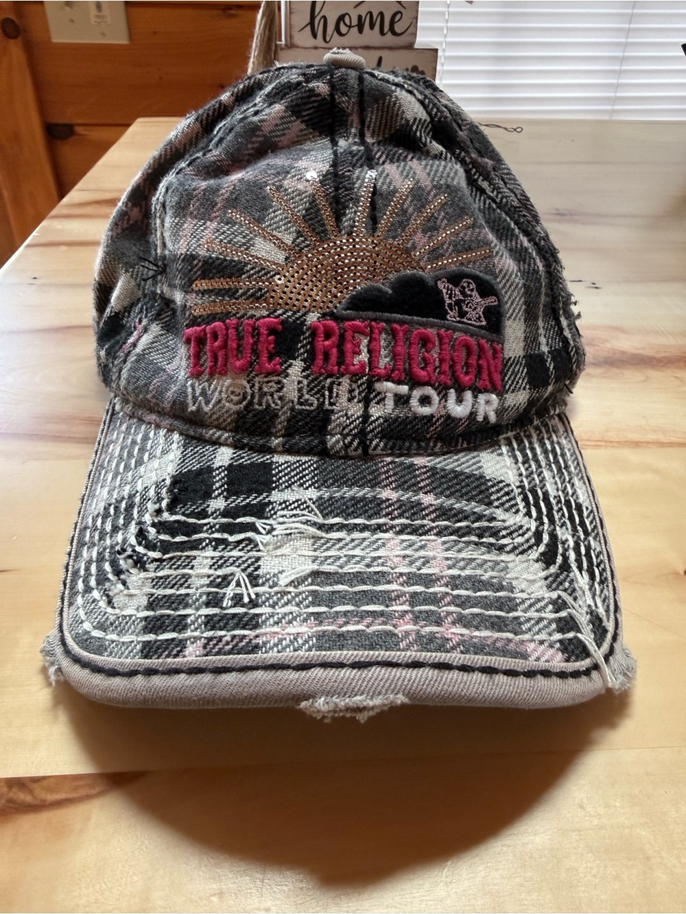 True Religion Plaid 'World Tour' Cap with Pink Embroidery